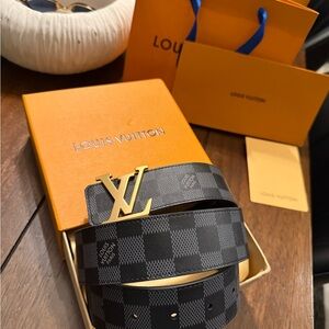 Louis Vuitton Black & Gray Damier Belt with Gold LV Buckle